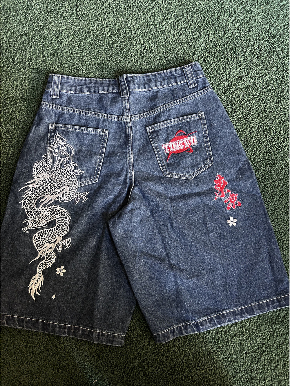 Denim Shorts with Dragon and Tokyo Embroidery